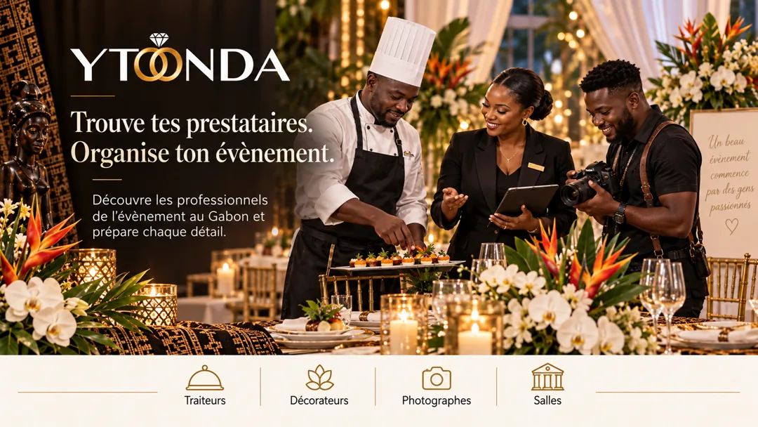 Trouve tes prestataires au Gabon : traiteurs, décorateurs, photographes et salles.
